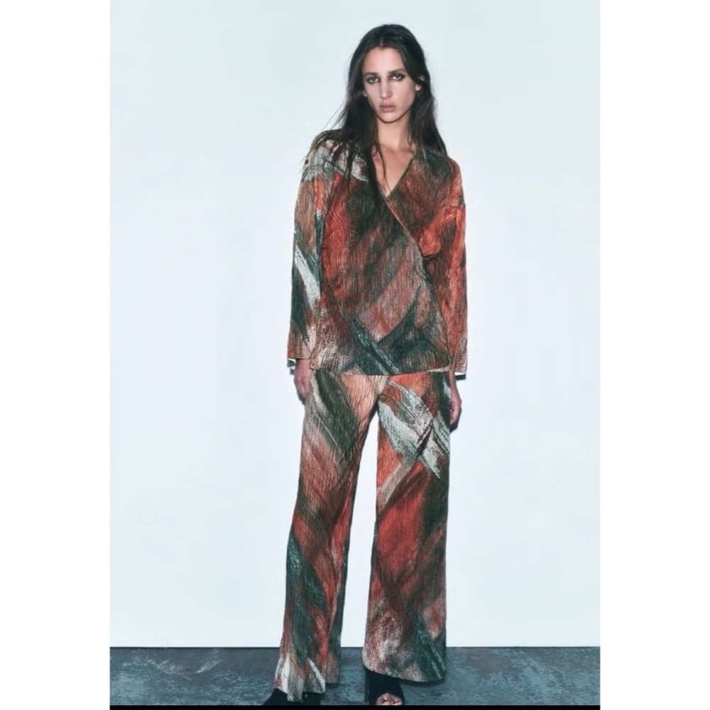 ZARA PRINTED PLEATED KIMONO & PRINTED PLEATED PANTS MATCHING SET size S